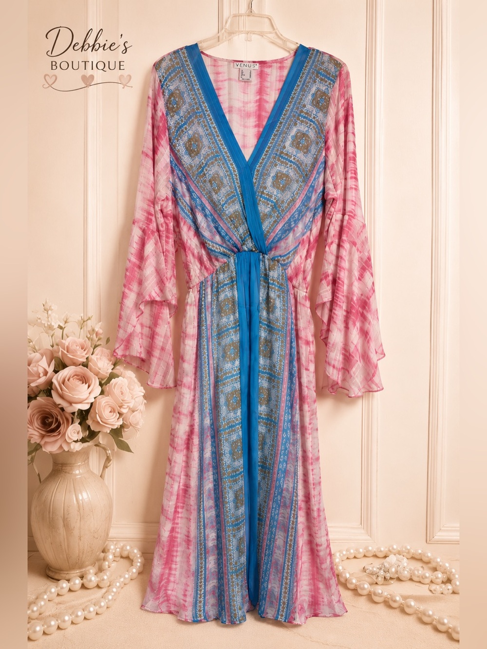VENUS Boho Floral Maxi Midi Dress Pink Blue Gold Ruffle Sleeve V-Neck 14